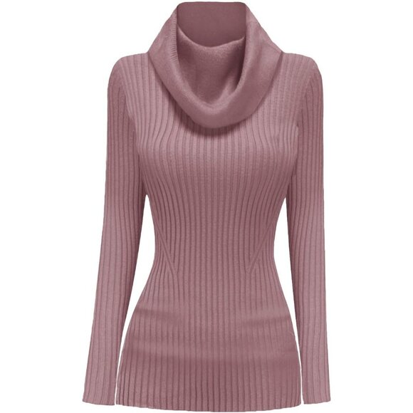 Women’s Berry Cowl Neck Knit Long Sleeve Bodycon Stretchable Slim Fit Sweater - Picture 4 of 5